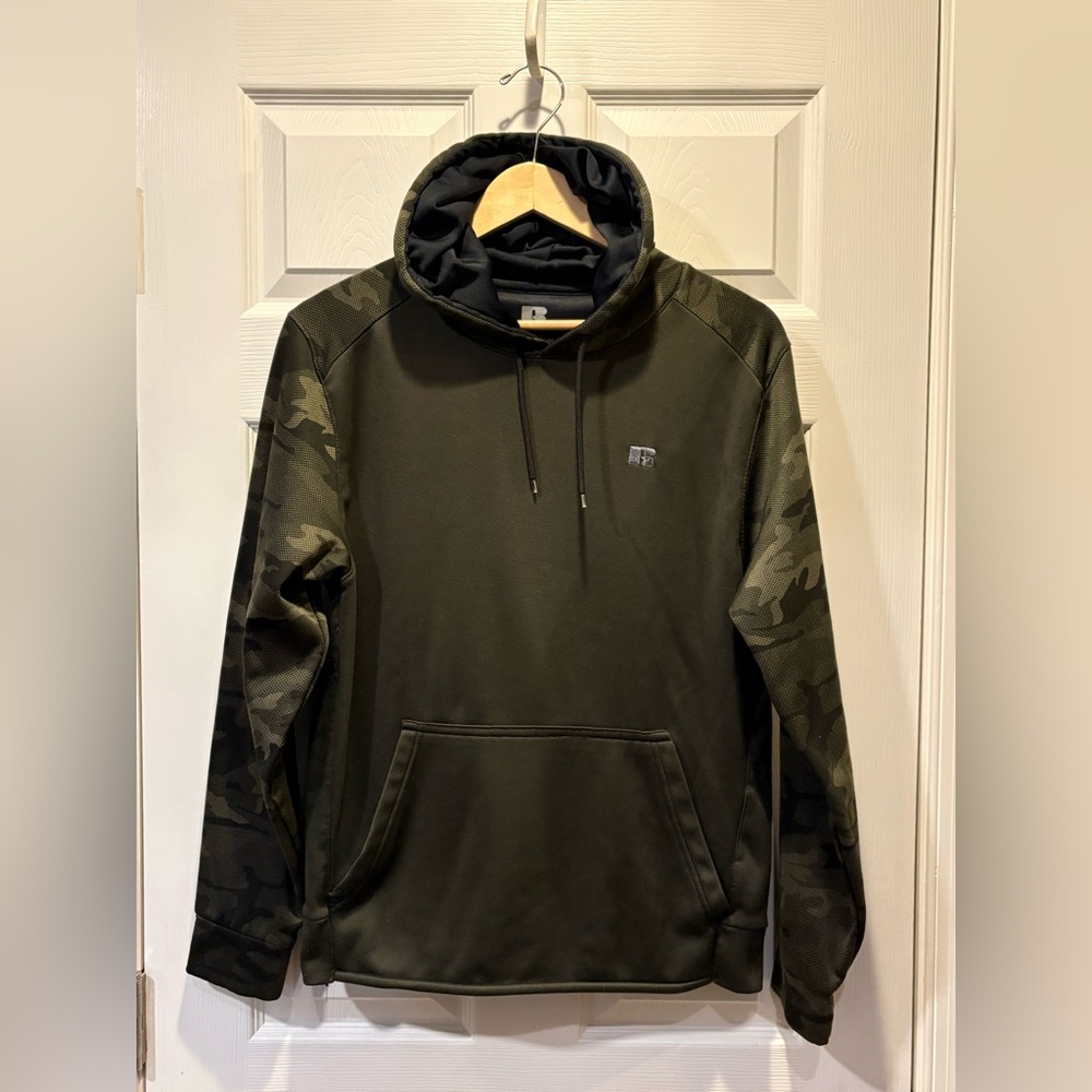 Russell Athletic Olive Green Hooded Pullover Sweatshirt with Camoflague Accent